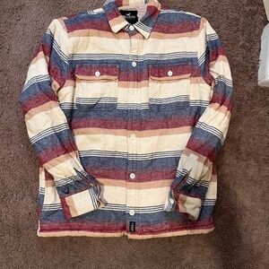 Hollister Men's Red, Blue, and Cream Striped Shirt Jacket